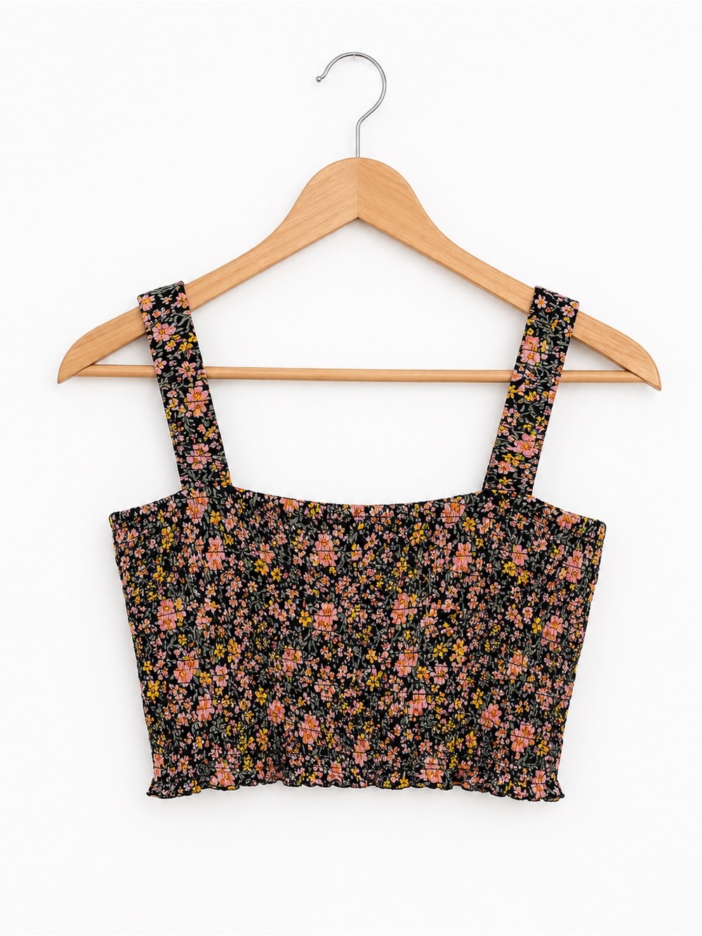American Eagle Outfitters Black Floral Smocked Crop Tank Medium Boho Festival